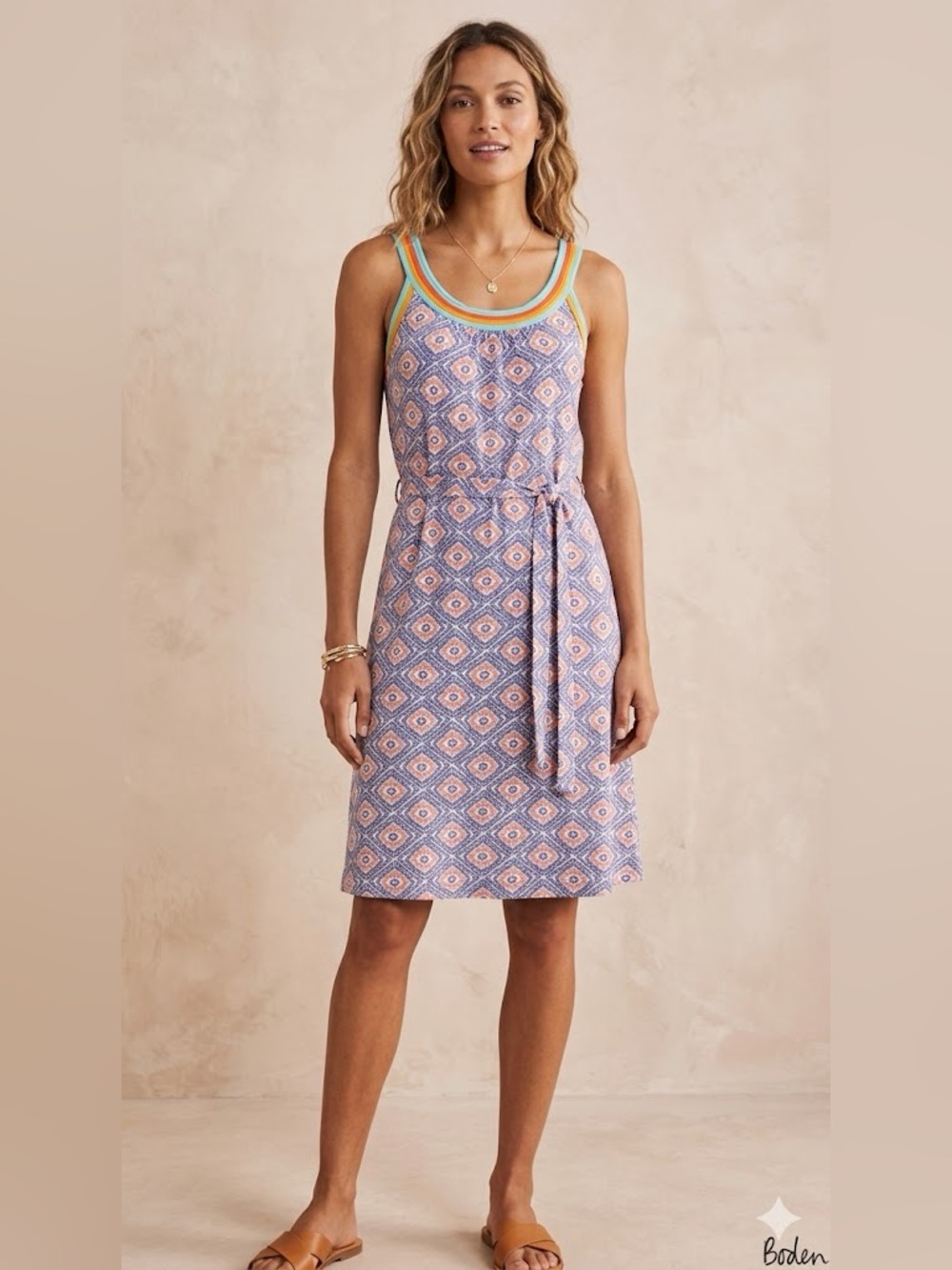 Boden Cotton Geometric Print Dress with Bright Trim Size 4